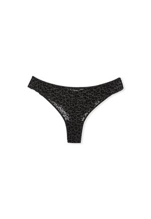 Schwarzer Spitzen-String mit Leopardenmuster, gezackten Kanten und transparenter Textur. Das Design legt den Fokus auf minimale Bedeckung und hohen Tragekomfort.