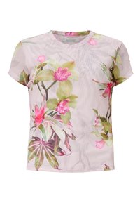 Kortærmet blomsterbluse i let stof. Har et pink og grønt botanisk print med livlige blomster på en lys baggrund.
