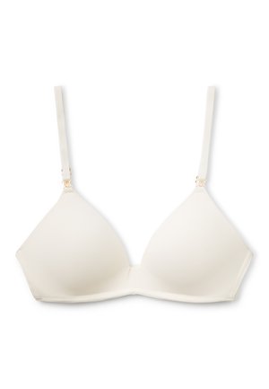 Cream-colored smooth fabric bra with thin adjustable straps and molded cups, designed for light support and comfort.