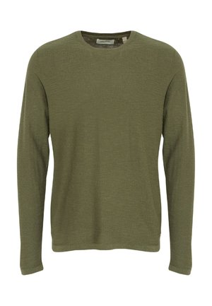 Olive green long-sleeve sweater made of textured knit fabric. Features a crew neckline and straight hem with no visible hardware.