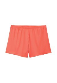 Shorts rose corail en tissu texturé avec des plis verticaux. Avec une taille élastique et une coupe droite, ils sont adaptés pour un usage décontracté.