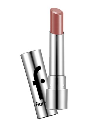 Matte dusty rose lipstick with silver metallic casing and removed cap showing black "f." logo on the cap.