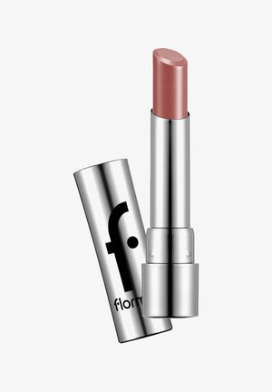 Matte dusty rose lipstick with silver metallic casing and removed cap showing black "f." logo on the cap.