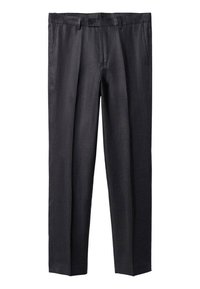 Black formal trousers with a button and zipper closure, side pockets, belt loops, and a straight-leg fit.