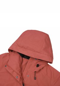 Wodoszczelna, koralowa kurtka z kapturem, zamek błyskawiczny z przodu, sznurkiem ściągającym i zatrzaskami. Posiada gładką fakturę i wzmocnione szwy.