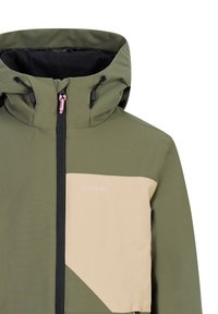 Olijfgroene jack met beige accenten, voorritssluiting, verstelbare capuchon en zwarte voering. Heeft een roze logo op de borst en een patroonstructuur.