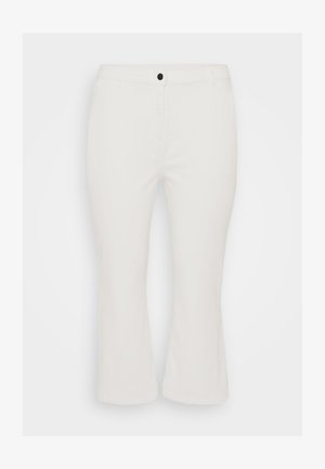 White cropped pants made from cotton blend, featuring a front button closure, belt loops, and a straight leg design. Smooth texture, casual style.