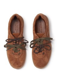 Chaussures en daim marron à lacets avec des lacets mixtes vert foncé et marron foncé, à bout rond et semelle en caoutchouc, vues de dessus sur fond blanc.