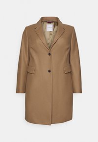 Brown wool blend coat with a notched collar, two buttons, and side pockets. Features a smooth inner lining. Simple and structured design.