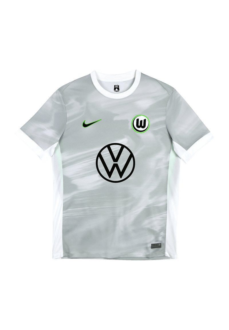 Grijze sporttrui met een textuurontwerp, groene accenten, een rond logo met een "W" en een groot circulair Volkswagen-embleem op de voorkant.