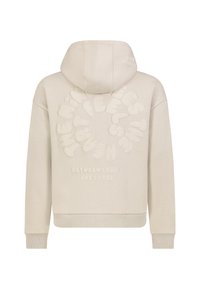 Beige hoodie met een capuchon, voorzien van een textuur grafiek op de rug in speelse letters die zegt: "HET HOOFD VOELT DAT."