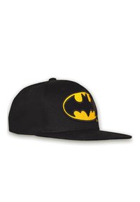 Black snapback cap featuring a large yellow Batman logo on the front, made of fabric with a structured shape and flat brim.