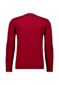 Red knitted sweater with long sleeves, round neck, and textured elbow patches. Smooth texture with ribbed cuffs and hem.