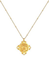 Collana d'oro con un pendente rotondo dal design a doppia faccia. La catena ha una texture a perline ed è delicata nell'aspetto.