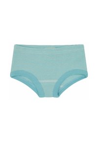 Helle blau gestreifte Baumwollunterwäsche mit einem weichen elastischen Bund und abgerundeten Beingängen. Texturiert mit horizontalen Streifen.