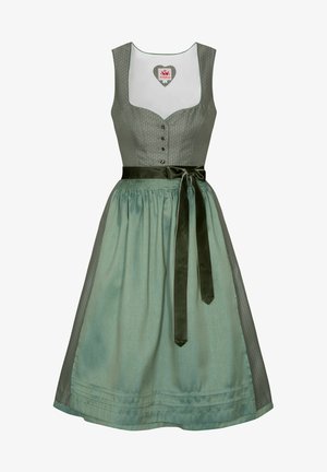 Traditionelles Kleid mit einem taillierten Oberteil aus dunkelgrünem gemustertem Stoff, einem ausgestellten hellgrünen Rock und einem passenden Satin-Gürtel.