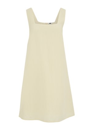 Ärmelloses, blassgelbes Kleid in A-Linie mit breiten Trägern und quadratischem Ausschnitt, auf weißem Hintergrund dargestellt.