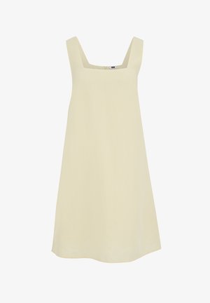 Ärmelloses, blassgelbes Kleid in A-Linie mit breiten Trägern und quadratischem Ausschnitt, auf weißem Hintergrund dargestellt.
