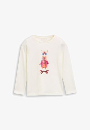 Cream long-sleeve shirt featuring a cartoon llama on a skateboard, wearing sunglasses and a pink jacket, with colorful shorts.