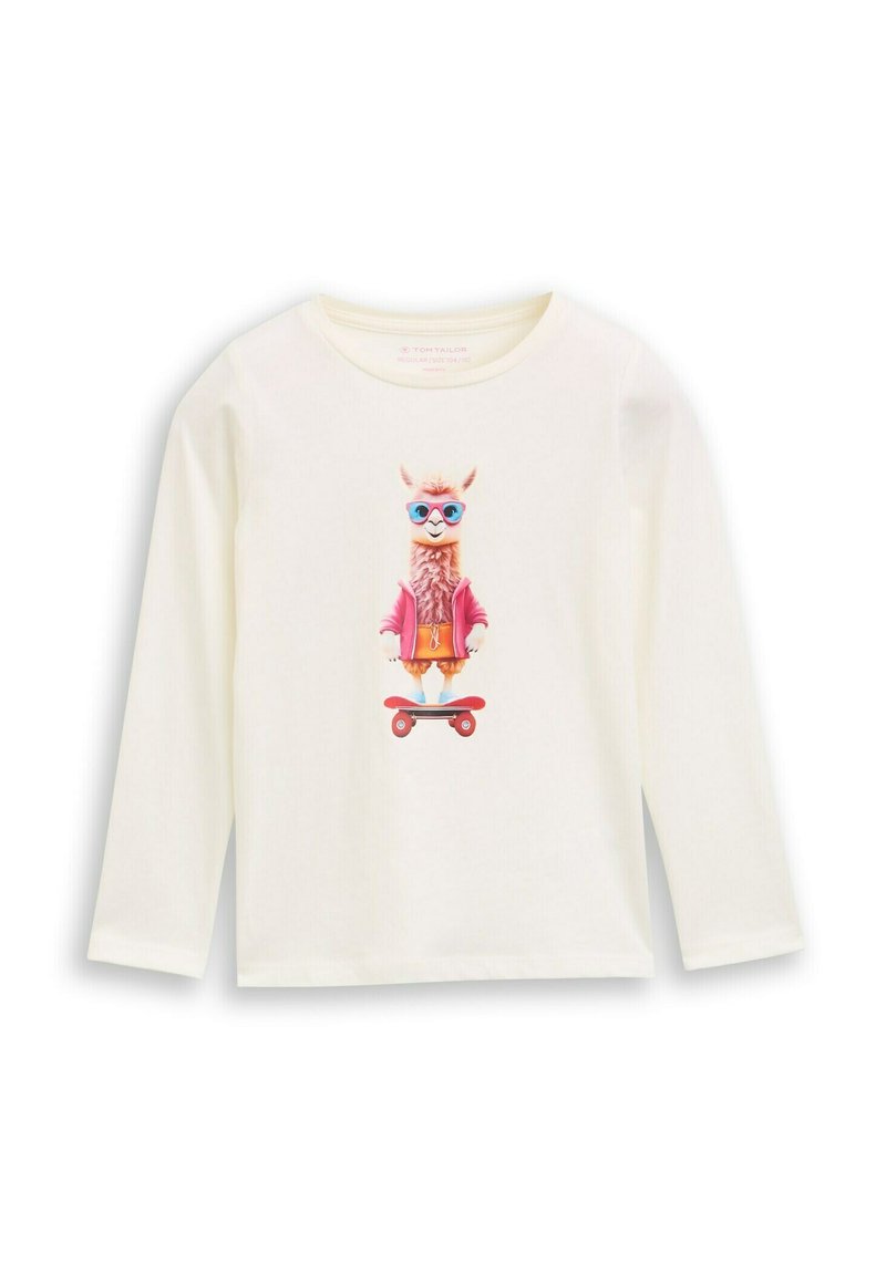 Cremfarbendes Langarmshirt mit einem Cartoon-Lama auf einem Skateboard, das eine Sonnenbrille und eine pinke Jacke trägt, sowie bunte Shorts.