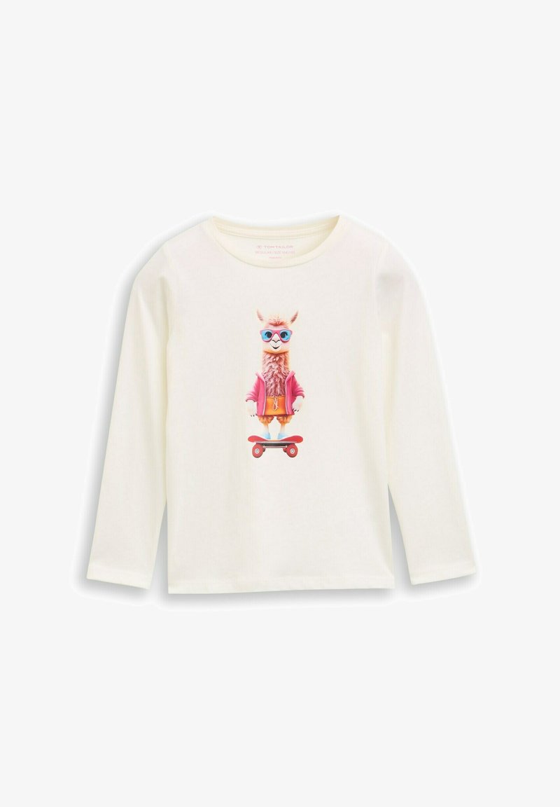 Cream long-sleeve shirt featuring a cartoon llama on a skateboard, wearing sunglasses and a pink jacket, with colorful shorts.