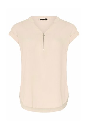 Beżowa bluzka z krótkim rękawem z przednim suwakiem, podwiniętymi mankietami i zaokrąglonym dołem, przedstawiona na jednolitym białym tle.