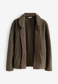 Braune Wollmischung Jacke mit weicher Textur, Knopfverschluss, brauner Borte und zwei seitlichen Taschen. Der Kragen ist rund und hat eine taillierte Passform.