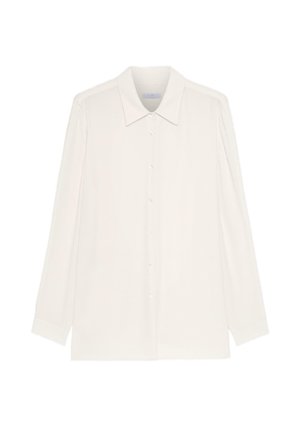 Weißes langärmeliges Hemd mit Knopfleiste, spitzem Kragen, leicht strukturierter Stoff und gerader Saum.