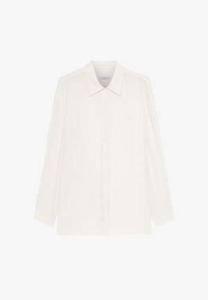 Weißes langärmeliges Hemd mit Knopfleiste, spitzem Kragen, leicht strukturierter Stoff und gerader Saum.