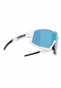 Occhiali da sole sportivi bianchi e neri con grandi lenti a specchio blu e logo "BLIZ" sull'asta.