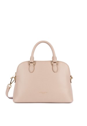 Beżowa torebka ze skóry z fakturą, z podwójnymi uchwytami, odpinanym paskiem na ramię i akcentami w kolorze złotym.