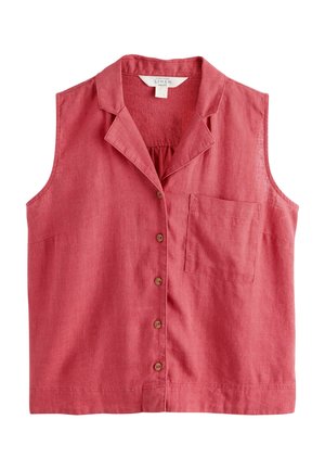 Ujjatlan piros lenvászon ing gallérral, elülső gombokkal és egyetlen mellzsebbel.