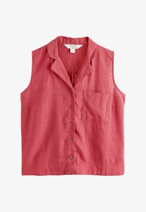 Sleeveless red linen shirt with collar, front buttons, and a single chest pocket.