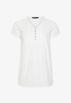 Biała bluzka z krótkim rękawem i dekoltem w serek, z pięcioma ozdobnymi guzikami i subtelnym pionowym przeszyciem z przodu.