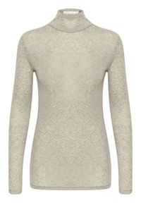 Maglione a collo alto grigio chiaro, a maniche lunghe, realizzato in tessuto morbido e strutturato, con una silhouette aderente e un design minimal, senza decorazioni visibili.