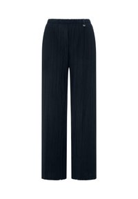 Donkerblauwe wijde pantalon met verticale plooien, elastische tailleband en klein rond logodetail bij de taille.