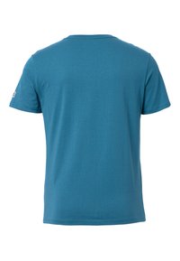 Korte mouwen t-shirt in teal blauw. Gemaakt van zachte stof met een ronde hals, voorzien van een subtiele textuur en zonder opvallende patronen of logo's.