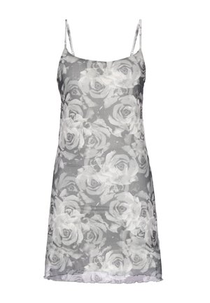 Ærmeløs gennemsigtig slipdress med justerbare stropper, med et hvidt rosemønster på en grå baggrund.