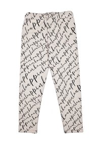 Leggings beige con testo in corsivo nero diagonale che ripete le parole "pinkpina" e "beautiful" su tutta la superficie.