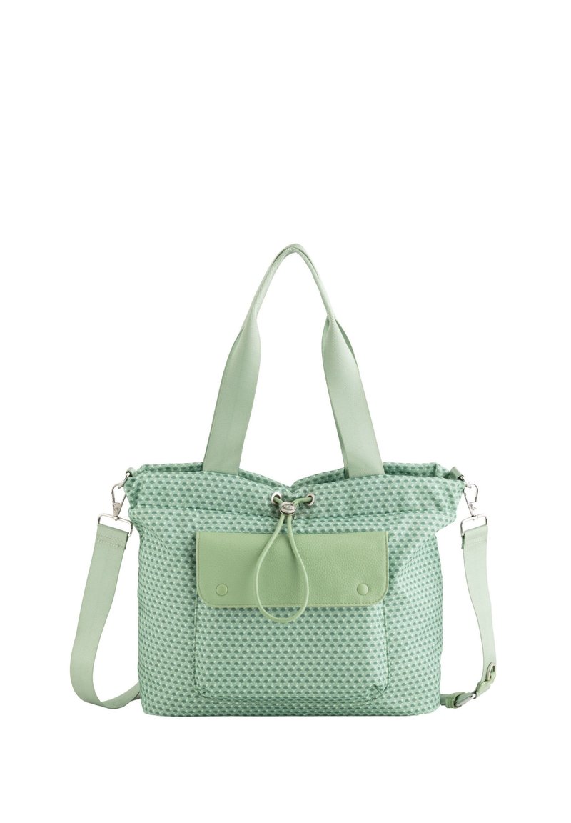 Green patterned tote bag with a textured surface, soft leather accents, top handles, and an adjustable shoulder strap. Features a front pocket.