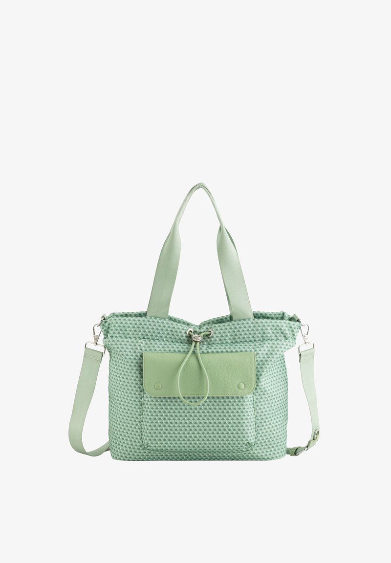 Green patterned tote bag with a textured surface, soft leather accents, top handles, and an adjustable shoulder strap. Features a front pocket.