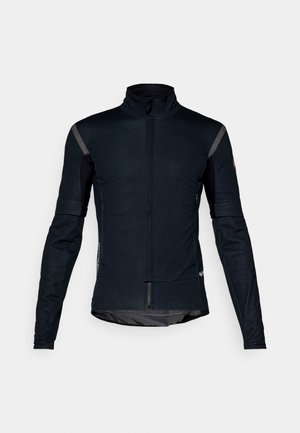 Veste de cyclisme noire avec un col montant, des manches longues et une fermeture éclair à l'avant. Fabriquée dans un tissu extensible avec des panneaux d'accent gris.