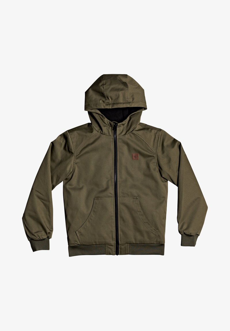 Veste à capuche vert olive avec fermeture éclair devant, poche kangourou, poignets élastiques et petite écusson carré avec logo sur la poitrine.