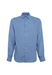Camicia a maniche lunghe azzurro chiaro in lino, con chiusura a bottoni, colletto classico e orlo curvo.