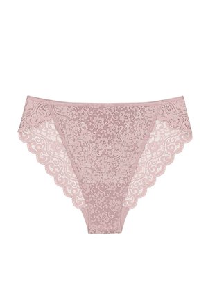 Lace hipster briefs in soft pink, featuring floral patterns, scalloped edges, and a semi-transparent texture. Designed for comfort.