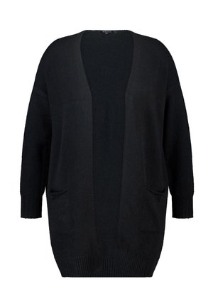 Zwarte open voorkant gebreide cardigan met lange mouwen en twee voorzakken, met ribgebreide manchetten en onderrand.