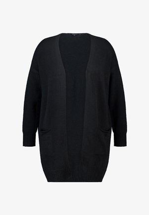 Zwarte open voorkant gebreide cardigan met lange mouwen en twee voorzakken, met ribgebreide manchetten en onderrand.