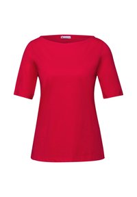 Blouse femme rouge à manches courtes avec encolure arrondie, coupe droite, et étiquette de marque "Street One" à l'intérieur du col.
