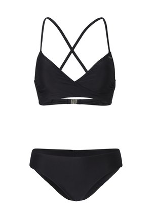 Čierny bikinový top s trojuholníkovým strihom, ktorý má krížové ramienka a zapínanie na háčik, v kombinácii s nohavičkami so stredným pásom. Hladký, elastický materiál.