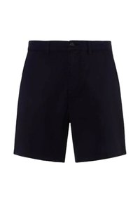 Pantaloni corti blu navy realizzati in misto cotone, con fronte piatto, zip e un unico bottone di chiusura. Nessuna tasca o motivo visibile.